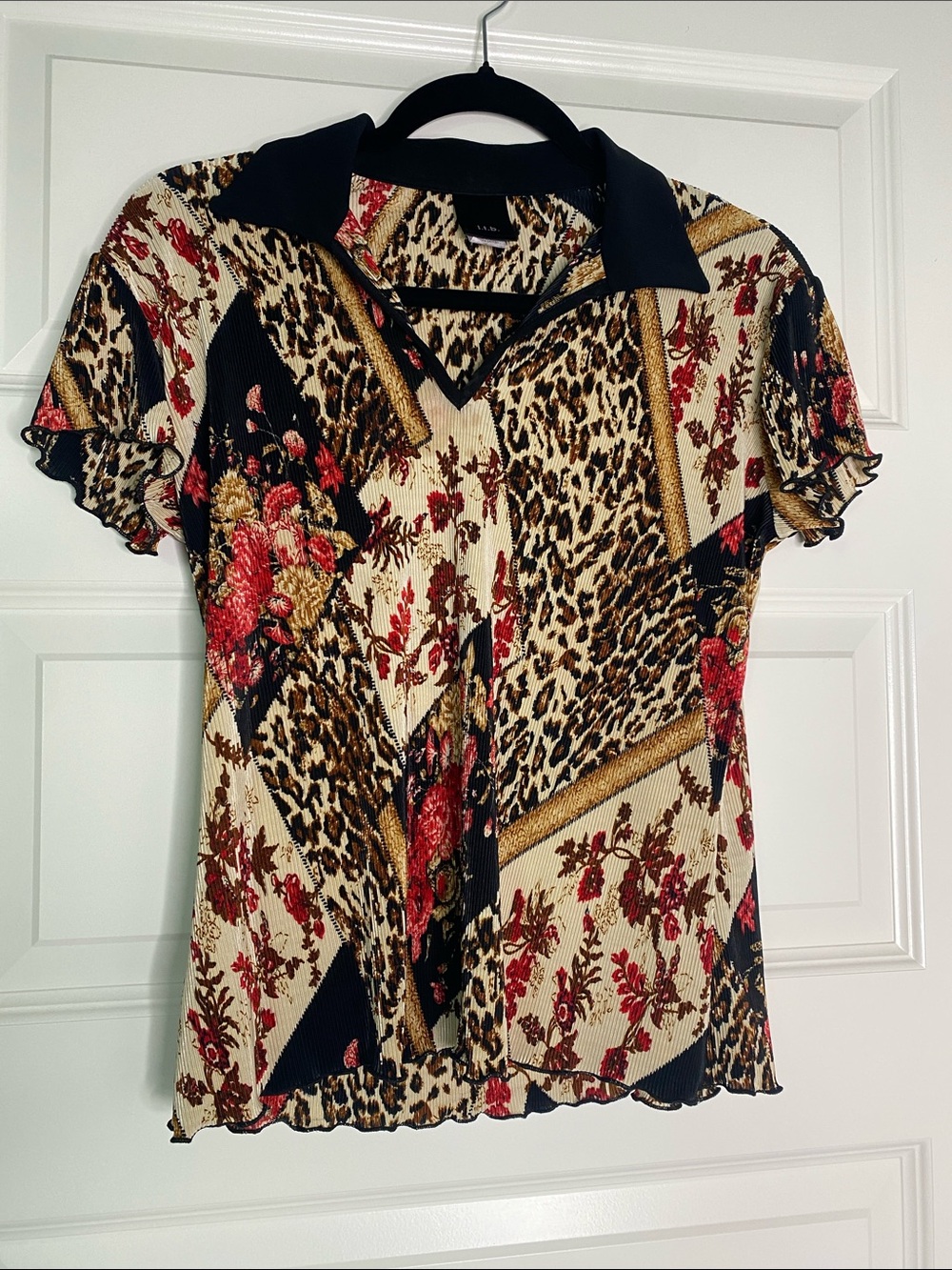 Vintage Mixed Print Short Sleeve Blouse - Red, Black, Cream